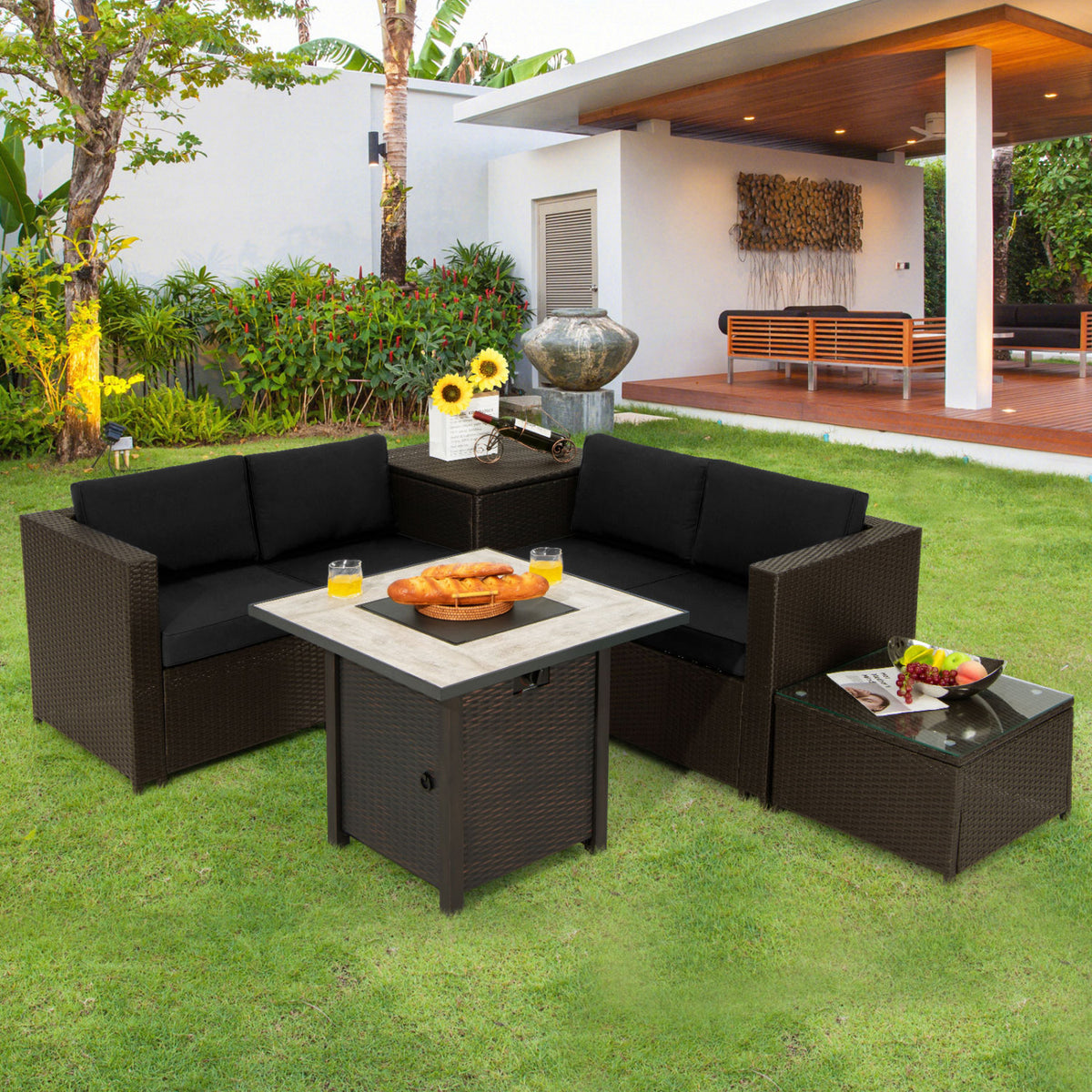 5-Piece Patio Furniture Set with 30 Inches Gas Fire Pit Table Outdoor PE Wicker Sofa Set-Black