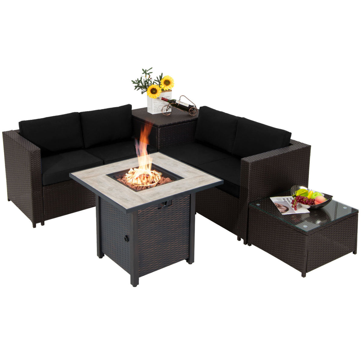 5-Piece Patio Furniture Set with 30 Inches Gas Fire Pit Table Outdoor PE Wicker Sofa Set-Black
