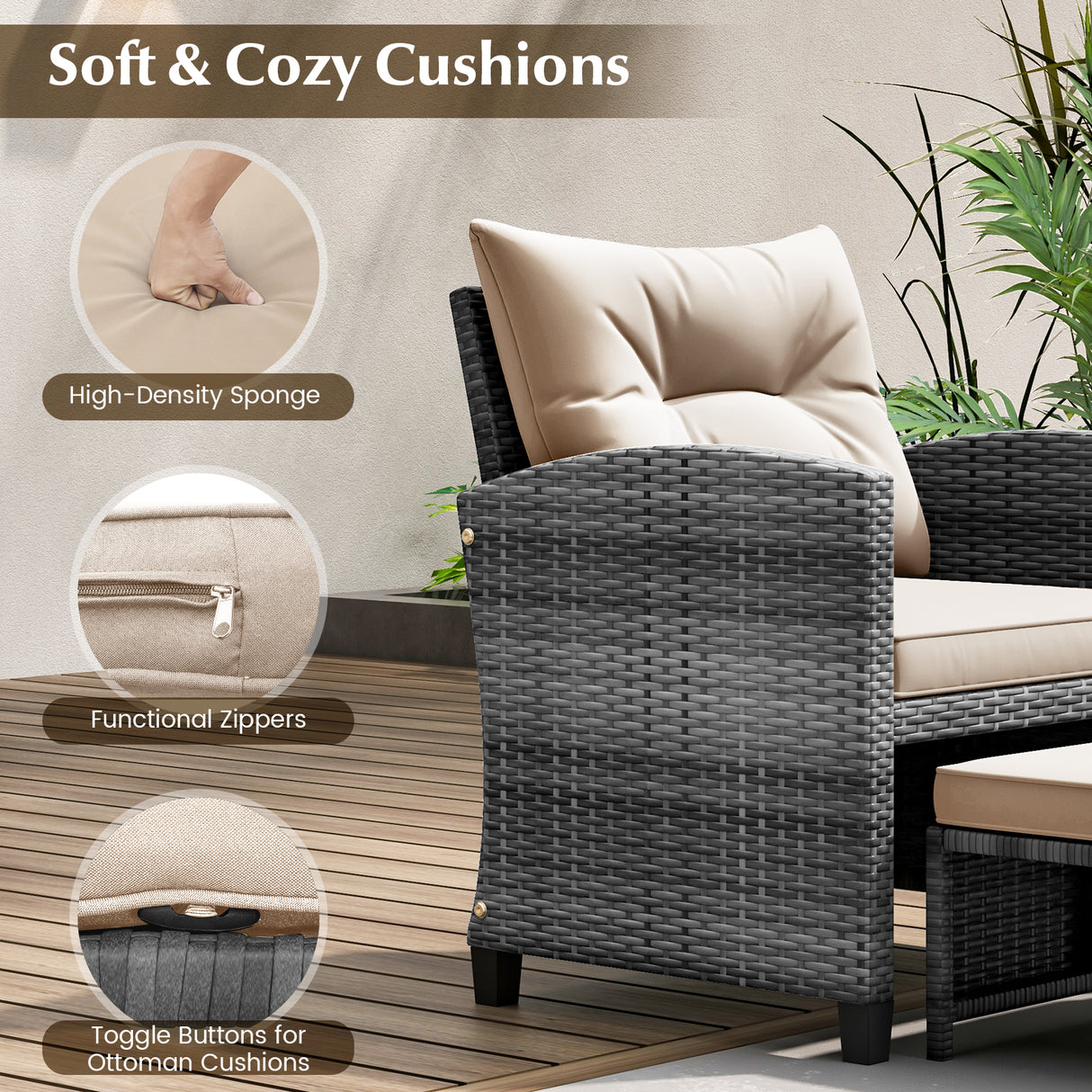 5 Piece Patio Rattan Furniture with 2 Ottomans and Tempered Glass Coffee Table-Beige