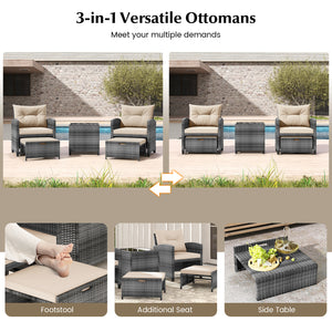 5 Piece Patio Rattan Furniture with 2 Ottomans and Tempered Glass Coffee Table-Beige