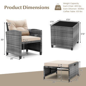 5 Piece Patio Rattan Furniture with 2 Ottomans and Tempered Glass Coffee Table-Beige
