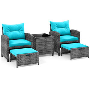 5 Piece Patio Rattan Furniture with 2 Ottomans and Tempered Glass Coffee Table-Turquoise