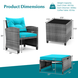 5 Piece Patio Rattan Furniture with 2 Ottomans and Tempered Glass Coffee Table-Turquoise