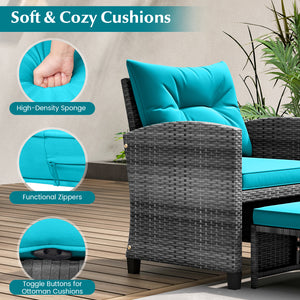 5 Piece Patio Rattan Furniture with 2 Ottomans and Tempered Glass Coffee Table-Turquoise