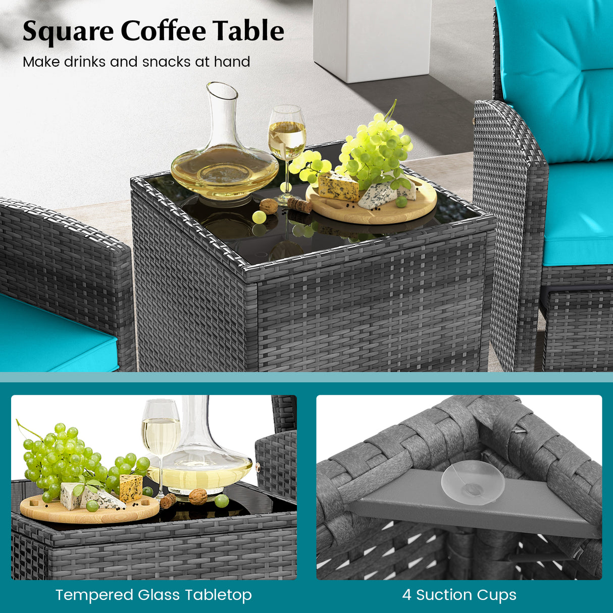 5 Piece Patio Rattan Furniture with 2 Ottomans and Tempered Glass Coffee Table-Turquoise