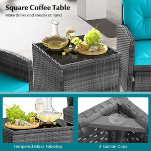 5 Piece Patio Rattan Furniture with 2 Ottomans and Tempered Glass Coffee Table-Turquoise