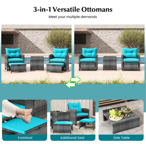 5 Piece Patio Rattan Furniture with 2 Ottomans and Tempered Glass Coffee Table-Turquoise