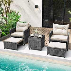 5 Piece Patio Rattan Furniture with 2 Ottomans and Tempered Glass Coffee Table-White