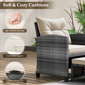 5 Piece Patio Rattan Furniture with 2 Ottomans and Tempered Glass Coffee Table-White