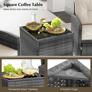 5 Piece Patio Rattan Furniture with 2 Ottomans and Tempered Glass Coffee Table-White