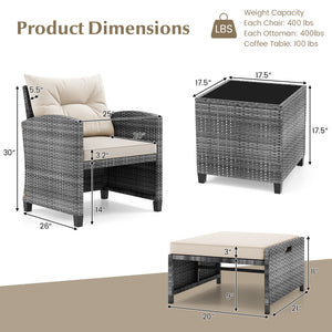 5 Piece Patio Rattan Furniture with 2 Ottomans and Tempered Glass Coffee Table-White