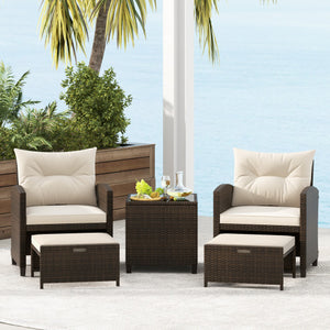 5 Pieces Patio Rattan Furniture with 2 Ottomans and Tempered Glass Coffee Table-Off White