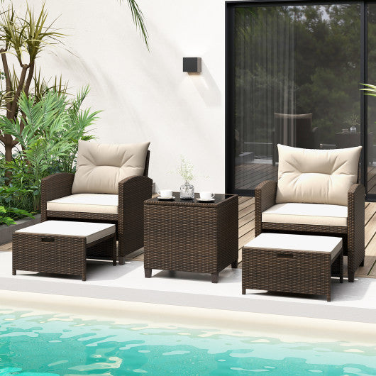 5 Pieces Patio Rattan Furniture with 2 Ottomans and Tempered Glass Coffee Table-Off White