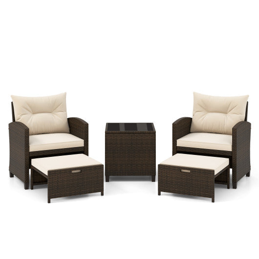 5 Pieces Patio Rattan Furniture with 2 Ottomans and Tempered Glass Coffee Table-Off White