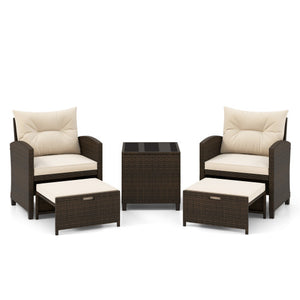 5 Pieces Patio Rattan Furniture with 2 Ottomans and Tempered Glass Coffee Table-Off White