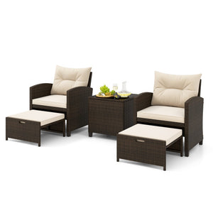 5 Pieces Patio Rattan Furniture with 2 Ottomans and Tempered Glass Coffee Table-Off White