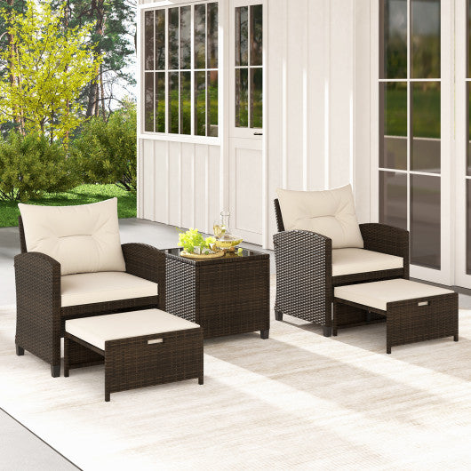 5 Pieces Patio Rattan Furniture with 2 Ottomans and Tempered Glass Coffee Table-Off White