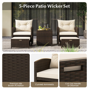 5 Pieces Patio Rattan Furniture with 2 Ottomans and Tempered Glass Coffee Table-Off White