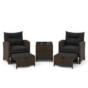 5 Pieces Patio Rattan Furniture with 2 Ottomans and Tempered Glass Coffee Table-Black
