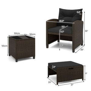 5 Pieces Patio Rattan Furniture with 2 Ottomans and Tempered Glass Coffee Table-Black