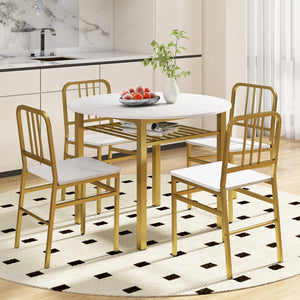 5-Piece Round Dining Table Set with Storage Shelf for Dining Room-White