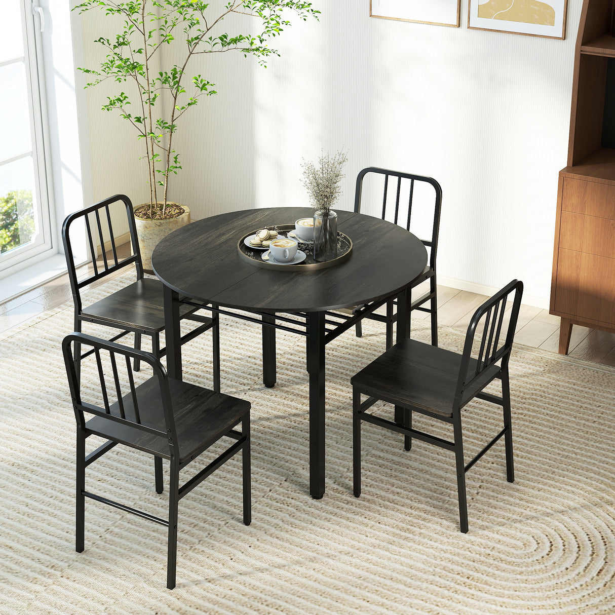5-Piece Round Dining Table Set with Storage Shelf for Dining Room-Gray