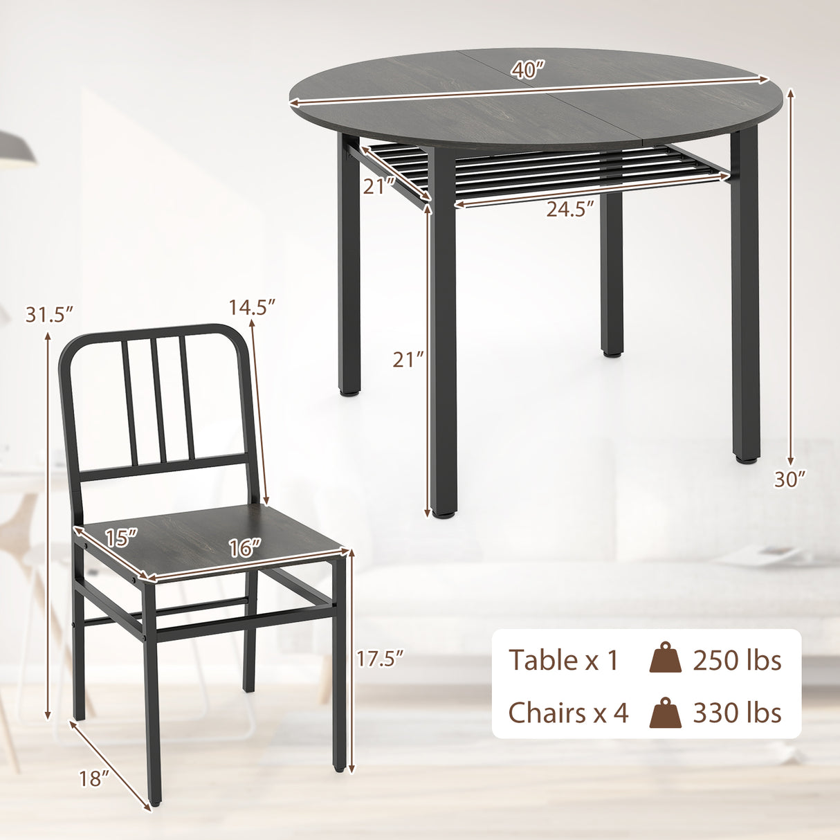 5-Piece Round Dining Table Set with Storage Shelf for Dining Room-Gray