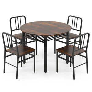 5-Piece Round Dining Table Set with Storage Shelf for Dining Room-Rustic Brown