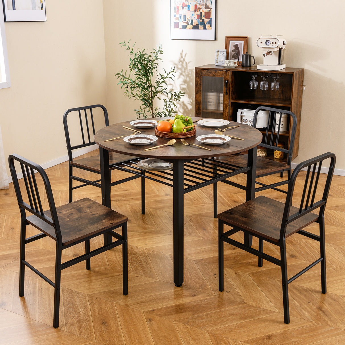 5-Piece Round Dining Table Set with Storage Shelf for Dining Room-Rustic Brown