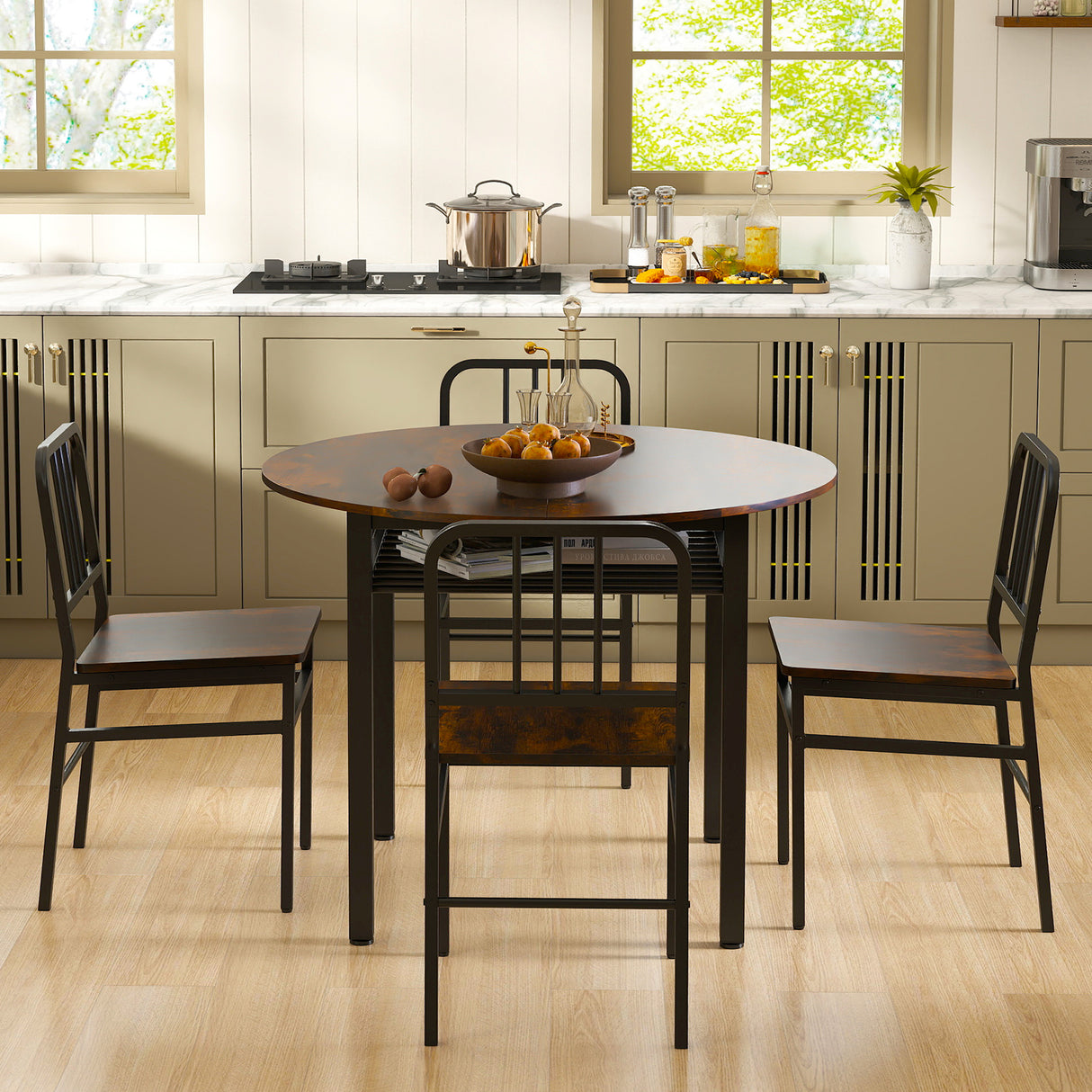 5-Piece Round Dining Table Set with Storage Shelf for Dining Room-Rustic Brown