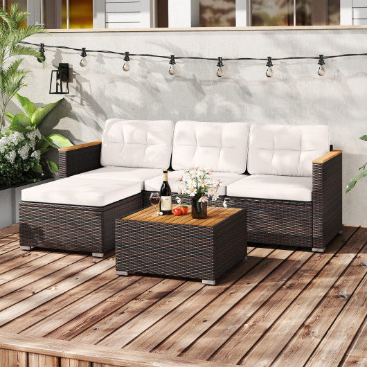 5-Piece Wicker Conversation Set Rattan Set with Cushions and Coffee Table-White