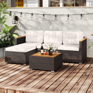 5-Piece Wicker Conversation Set Rattan Set with Cushions and Coffee Table-White