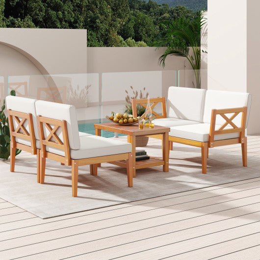 5 Pieces Acacia Wood Patio Furniture Set Outdoor Sectional Conversation Set with Cushions-Off White