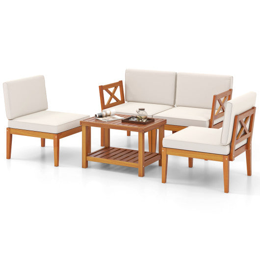5 Pieces Acacia Wood Patio Furniture Set Outdoor Sectional Conversation Set with Cushions-Off White