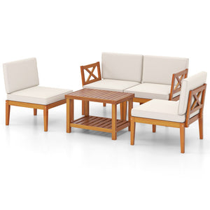 5 Pieces Acacia Wood Patio Furniture Set Outdoor Sectional Conversation Set with Cushions-Off White
