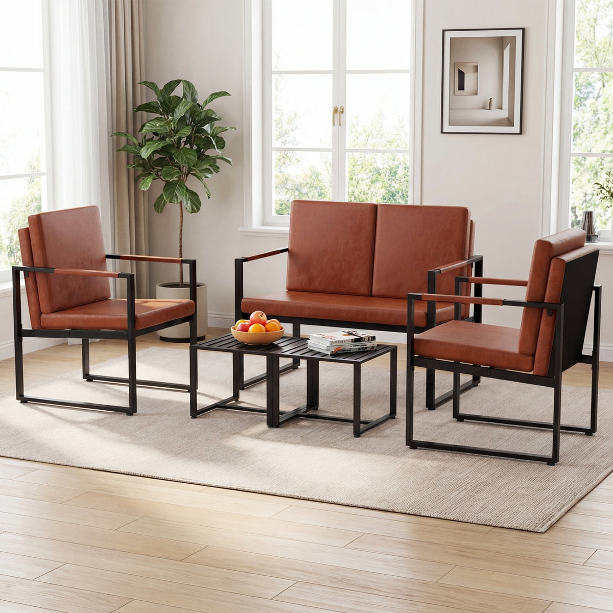 5 Pieces Living Room Set with 2 Accent Chairs and 2 Coffee Tables-Brown