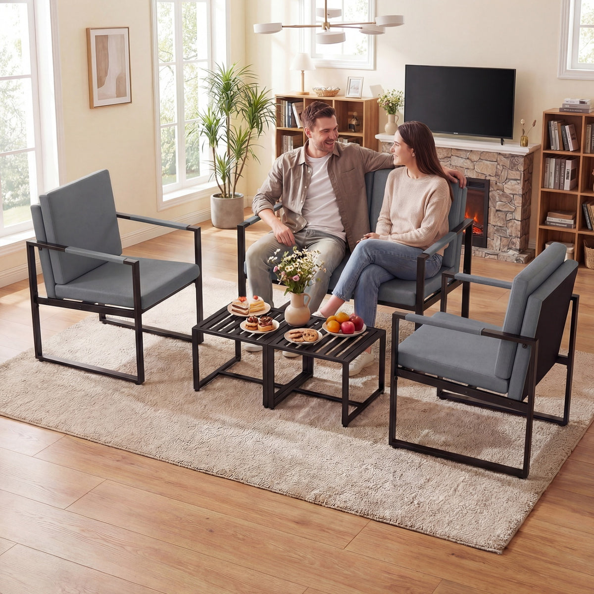 5 Pieces Living Room Set with 2 Accent Chairs and 2 Coffee Tables-Gray