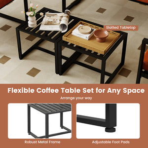 Set of 2 Metal End Tables with Slatted Tabletop-Black