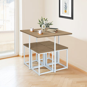 5 Pieces Metal Frame Dining Set with Compact Dining Table and 4 Stools-Walnut