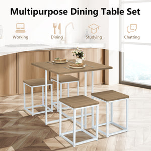 5 Pieces Metal Frame Dining Set with Compact Dining Table and 4 Stools-Walnut