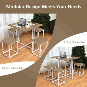 5 Pieces Metal Frame Dining Set with Compact Dining Table and 4 Stools-Walnut