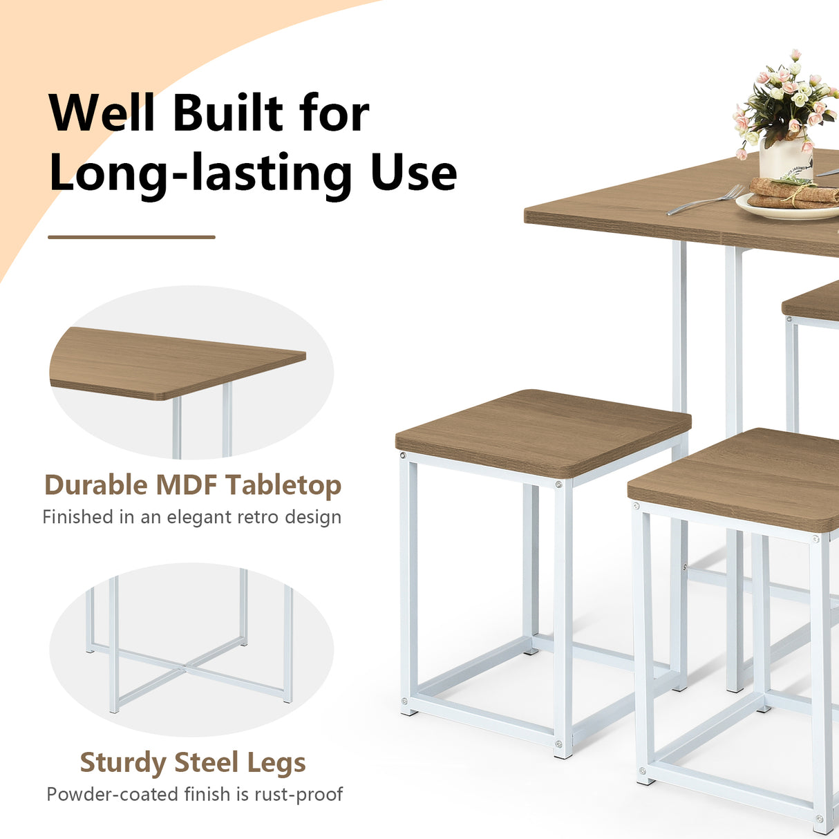 5 Pieces Metal Frame Dining Set with Compact Dining Table and 4 Stools-Walnut