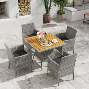 5 Pieces PE Wicker Patio Dining Set Outdoor Acacia Wood Table and Chairs-Black