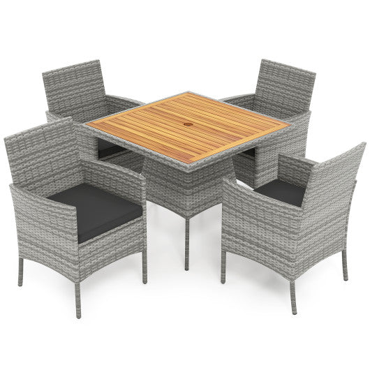 5 Pieces PE Wicker Patio Dining Set Outdoor Acacia Wood Table and Chairs-Black