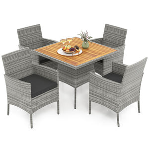 5 Pieces PE Wicker Patio Dining Set Outdoor Acacia Wood Table and Chairs-Black