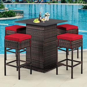 5 Pieces Patio Rattan Bar Table Stool Set Hidden Storage Shelf Cushioned-White