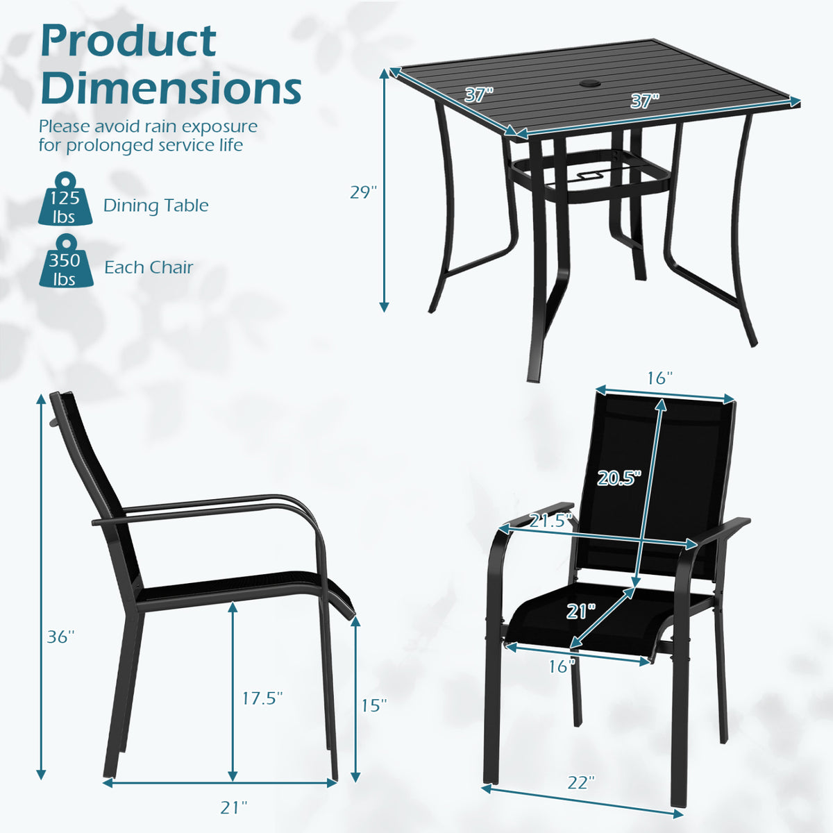5 Pieces Patio Dining Set for 4 Outdoor Square Table and Stackable Chairs-Black