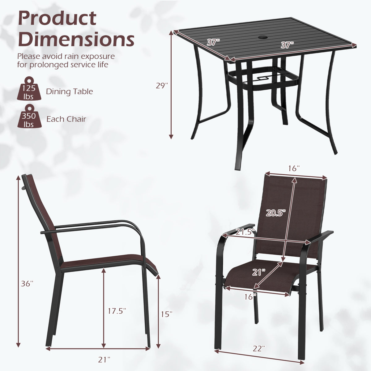 5 Pieces Patio Dining Set for 4 Outdoor Square Table and Stackable Chairs-Brown