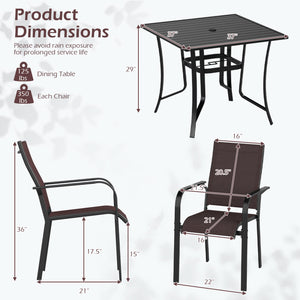 5 Pieces Patio Dining Set for 4 Outdoor Square Table and Stackable Chairs-Brown