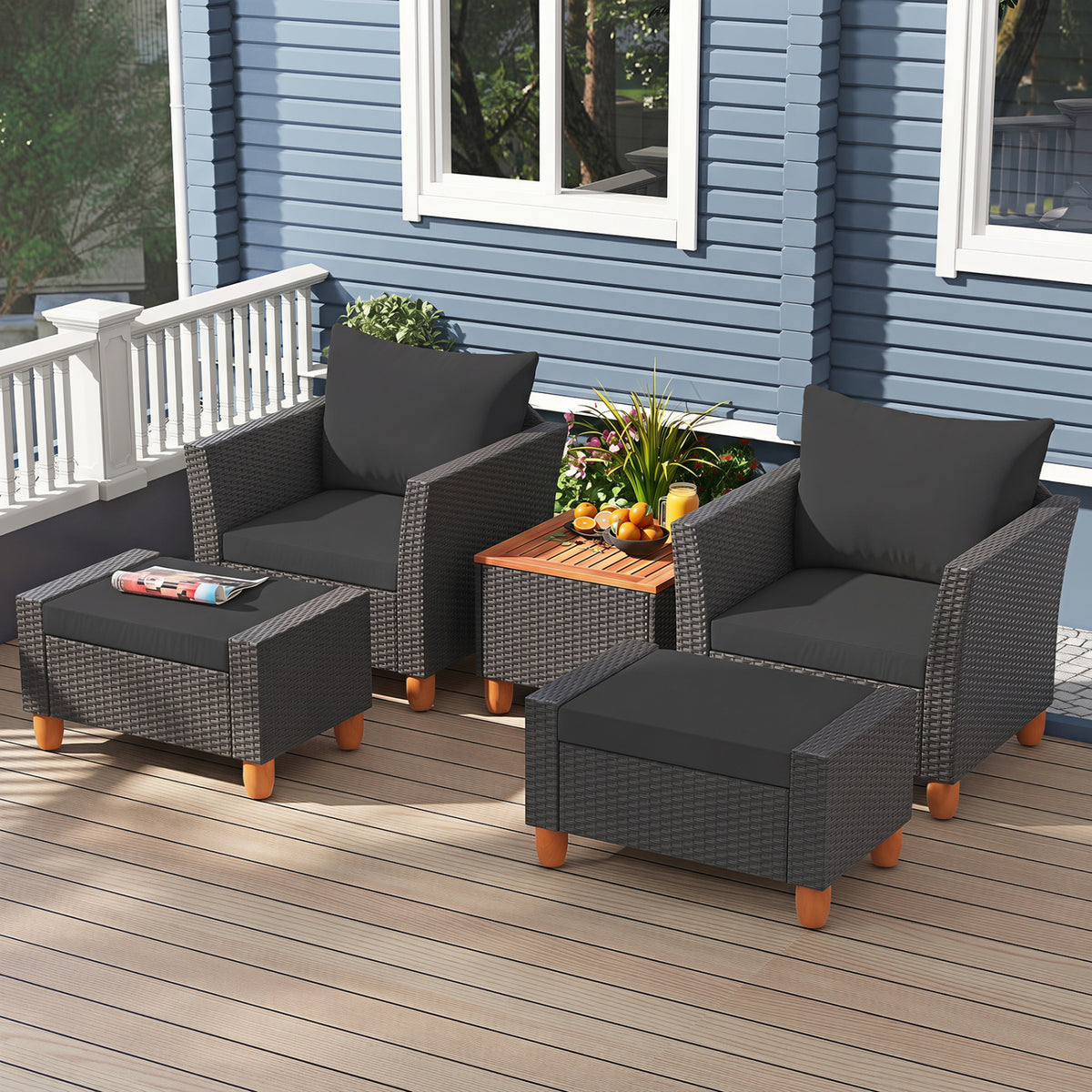 5 Pieces Patio Furniture Set with Loveseat and Armchairs for Porch-Black